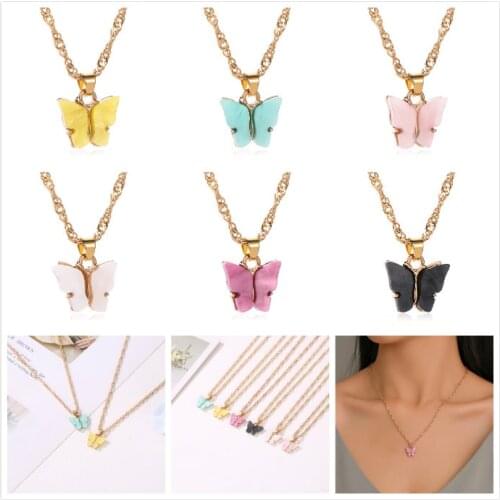 Korea And Japan Sweet Butterfly Necklace Acrylic Colorful Sweet Clavicle Chain For Women Personality Network Red Neck Chain