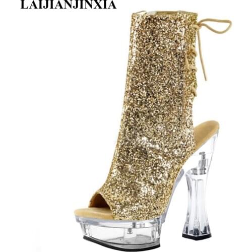 LAIJIANJINXIA New 14cm Transparent Heels Women Boots Sexy Ankle Boots Black Fish Mouth Boots Party Club Model Pole Dancing Shoes