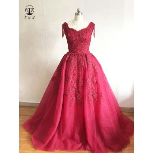 Best Selling Burgundy Vestidos De Fiesta Juliet Neck Appliqued Lace Beading Tassel Pleated A Line Evening Dresses
