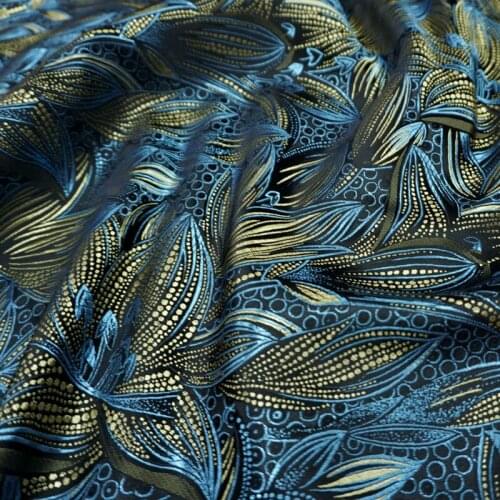 NCF886 Black Base Golden Blue Lily Jacquard Chinese Style Brocade Fabric Cheongsam Clothing Costumes DIY Sewing Materials
