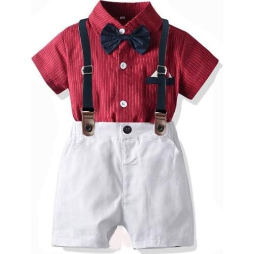 New Style Gentleman Shirt Set BOYS Formal Dress Stripe Short Sleeve Bowtie Shirt Suspender Pants Birthday Suit Set