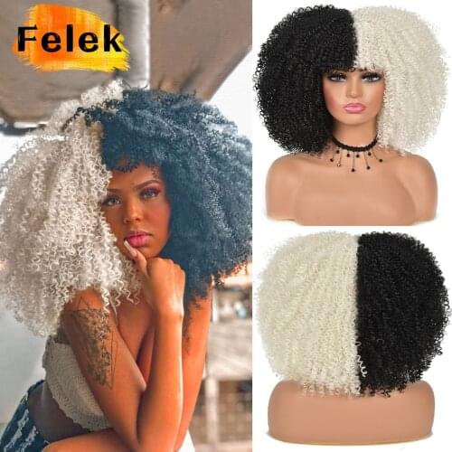 Short Hair Afro Kinky Curly Wigs With Bangs For Black Women African Synthetic Ombre Glueless Cosplay Wigs High Temperature Felek