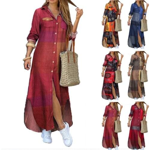 Printed Single-breasted Long Skirt Dress, Large Swing Cardigan Temperament Commuter Dress Mommy and Me Dress
