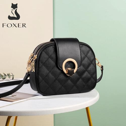 FOXER Women Leather Shoulder Bags Travel Female Small Plaid Cross body Bag Multiple Compartments Lady Fashion Casual Round Bags