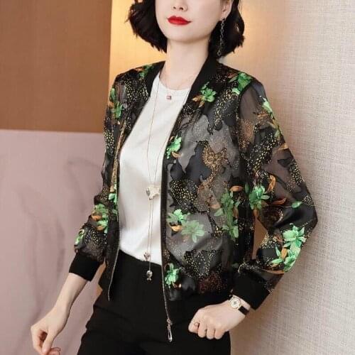 Thin See Through Summer Cover Ups New Fashion Long Sleeve Floral Print Zipper Jacket Casual Autumn Outwear Coat