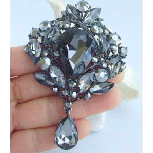 Vintage 3.54" Black Gray Rhinestone Crystal Teardrop Brooch Pin Pendant EE04082C6