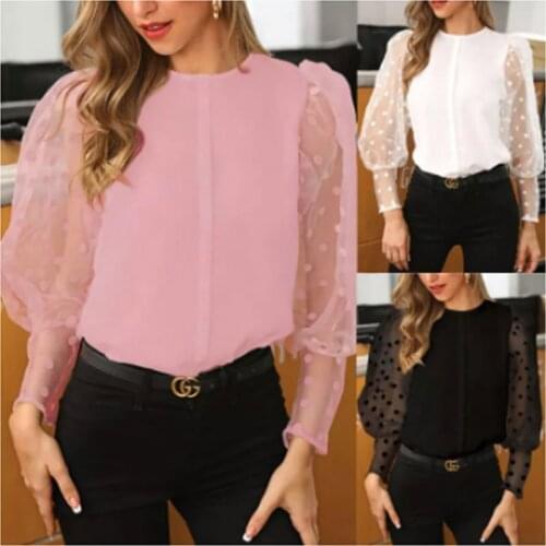 Kayotuas Women Blouse Sexy Black Mesh Sheer Long Sleeve Tops Vintage Polka Dot Printed Shirt Baggy O-Neck Hot Streetwear