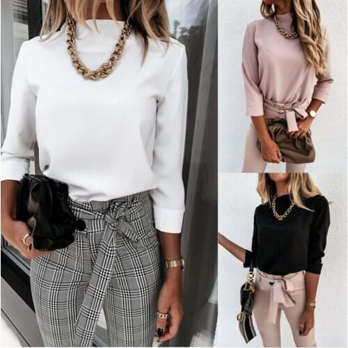 2020 Hirigin Women OL Ladies Shirt Blouse Long Sleeve Solid Color Bodycorn Blouse Stand Collar Autumn Daily Wear Shirt