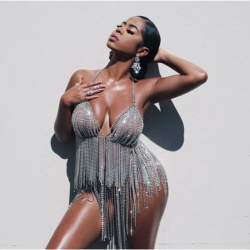 Babatique Brilliant Rhinestone Backless Party Crop Top Women 2019 Summer Tassel Deep V Neck Night Club Diamonds Metal Tank Tops