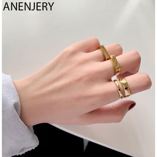 ANENJERY 925 Sterling Silver Geometric Rectangle Glossy Open Ring for Women INS Minimalist Golden Ring Wholesale