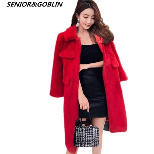 2020 Winter Runway Women Warm Long Outwerwear Woman Faux Rabbit Fur Long Sleeve Lapel Collar Loose Thicken Female Red Coat Belt