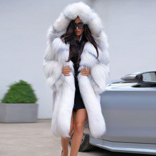 TOPFUR New 100% Real Cross Fox Fur 90 CM Long Coat Long Sleeves Luxury With Fur Hood Winter Thick Warm Female Natural Fur Jacket