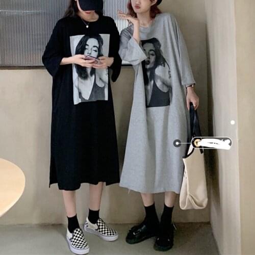 2021 Women Casual Loose Solid 100% Cotton T Shirt Dress O Neck Summer Korean version of the print lazy looseFashion newDres