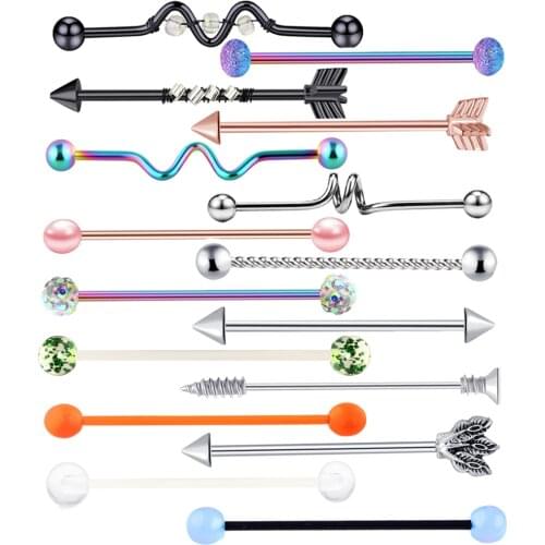 1PC 14G 316L Stainless Steel Industrial Barbell Opal Key Earring For Women Men Cartilage Helix Body Piercing Jewelry 38mm Length