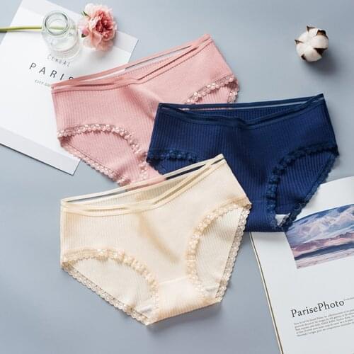 3Pcs/Set Large Size M-XL Women Underwear Mid-Waist Thread Cotton Briefs Breathable Lace Panties Solid Lingerie Multiple Colors