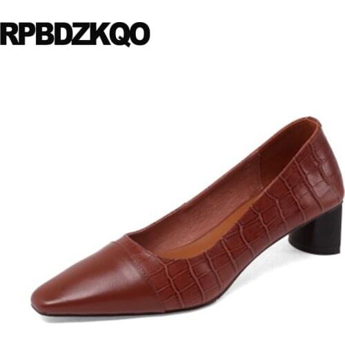 Block 2021 Size 33 Genuine Leather High Heels Shoes Pumps Low Slip On Square Toe Beige Ladies Designer Plaid Brown Chunky Medium