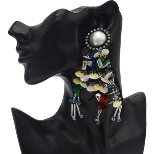 Ldealway Exaggerated Tassel Earrings Trendy Unique Big Pearl Rhinestone Earrings Plastic Thin Slice Drop Earrings Women Jewelry