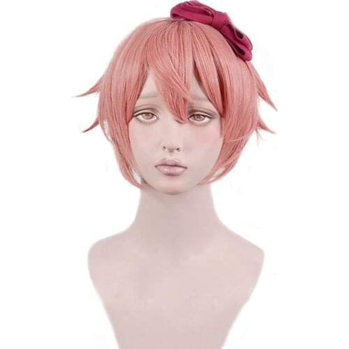 Doki Doki Literature Club DDLC Sayori Short Peach Pink Cos Wig Heat Resistant Hair Cosplay Hair Wigs With Bow Hairpin