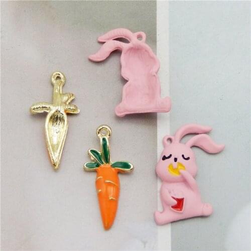 Julie Wang 4PCS Cartoon Rabbit Enamel Carrot Charms Spray-painted Bunny Animal Pendant Bracelet Jewelry Making Accessory
