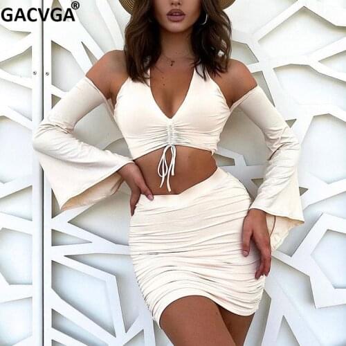 GACVGA 2021 Sexy Two Piece Dress Set Women Long Sleeve Bandage Crop Top Drawstring Mini Bodycon Skirt Set Vacation Beach Outfits