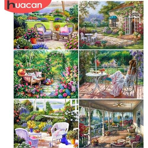 HUACAN 5D DIY Full Square Diamond Painting Scenery Garden Diamond Embroidery House Mosaic Rhinestone Flower Home Decoration