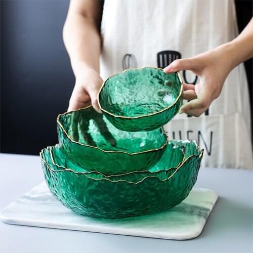 Creative Emerald Irregular Glass Bowl Household Multi-functional Fruit Bowl Salad Bowl Painted Gold Dessert Bowl