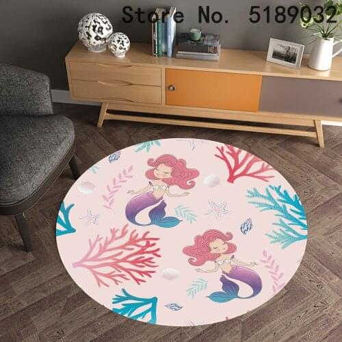 Cartoon Mermaid Princess Round Mats Marine Life Carpet Coral Plants Leaf Print Area Rugs Table Area Rug Bedroom Decor Floor Mats