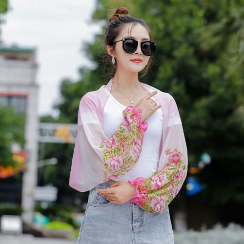 Summer Chiffon Scarf For Women Ruffles Long Sleeve Poncho Stole Beach Shawls Cycling Sunscreen Print Floral Perspective Tops