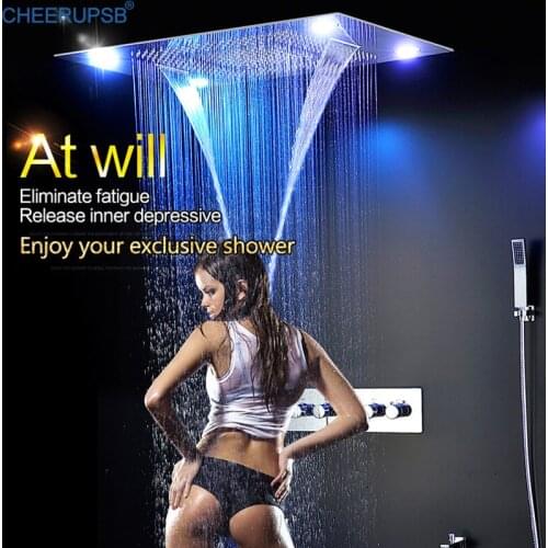 LED Light Bathroom Thermostatic Shower Set Wall Mount Rainfall Waterfall Shower System SPA Bath Mixer Showers Faucet Torneiras