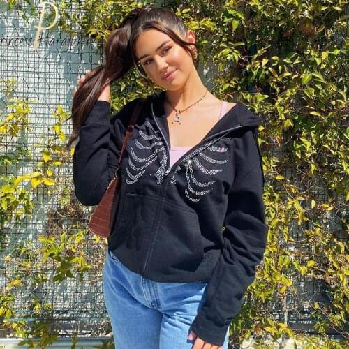 Autumn Winter new Y2k Rhinestone Female Skeleton Grunge Hoodie Goth Hippie Zip Up Oversized Dark Fashion Streetwear Hoodies 2021