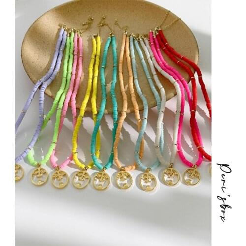 PerisBox Boho Handmade Candy Color Polymer Clay Bead Necklace Hollow Face Charm Choker Soft Pottery Vinyl Disc Beaded Necklaces