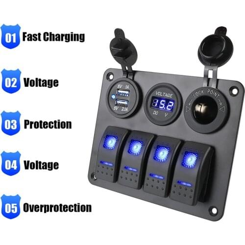 Aluminum Panel 4 Gang Circuit Breaker Digital Voltmeter DC 12V/24V Interior Accessories Dual USB Port LED Rocker Switch Panel