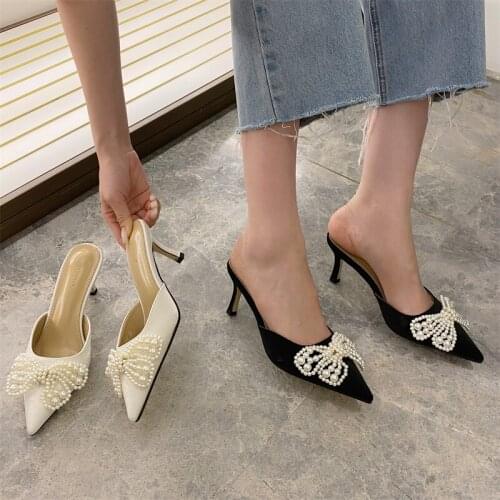 Fashion Women Slippers Square Toe Plain Belt Buckle White/Blue/Black Elegant Shallow Slippers Thin High Heels Summer Dress Shoes