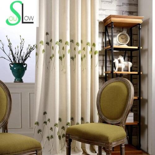 Slow Soul Green Cotton Polyester Embroidery Curtain Dandelion American Country Style Pastoral Curtains Living Room Floral Sheer