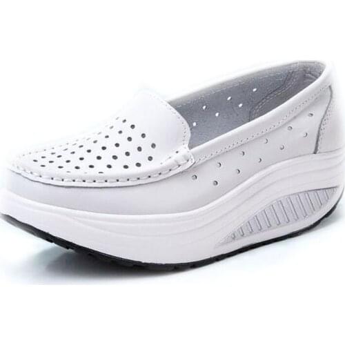 Womens Shoes 2021 New Summer High Heel Leather hollow-out Breathable Swing Shoes White Nurse Work Wedge Heels