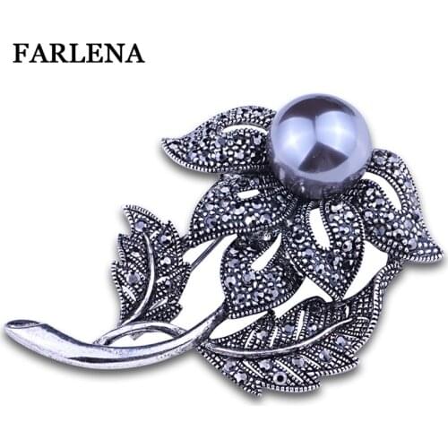 FARLENA Retro Style Black Gun Plated Imitation Pearl Flower Bouquet Brooches for Women Vintage Crystal Rhinestones Brooch pins