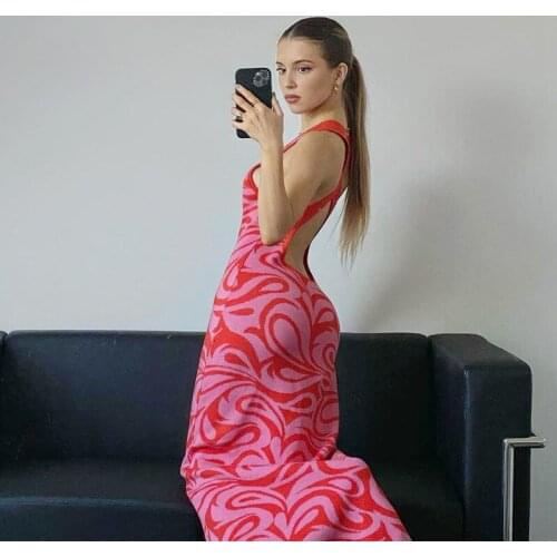 Womens Sleeveless Maxi Dress, Sexy Damask Print Criss Cross Backless Split Hem Knit Tank Dress For Party Beach Prom