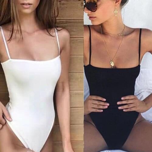 Women Sexy Spaghetti Strap Camisole Bodysuit Off Shoulder Sleeveless Basic Leotard Simple Solid Color Bodycon Jumpsuit