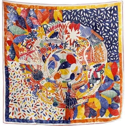 100% Silk Scarf For women 110cm Square Large Handkerchief Printed Flower Shawls Wraps Lady Anti-sun Pashmina Beach Travel Use