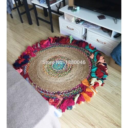 2019 New Southeast Asia Indian Style round carpet Natural jute carpet Diameter 120cm Rainbow Carpet Hand-made carpet kids room