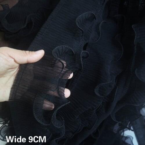 9CM Wide Double Layers White Black Ruffle Pleated 3d Lace Fringe Ribbon Collar Elastic Trim Wedding Dress Sewing Appliques Decor