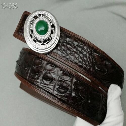 Authentic Exotic True Crocodile Skin Green Diamond Rotary Buckle Mens Brown Waist Strap Genuine Alligator Leather Male Belts