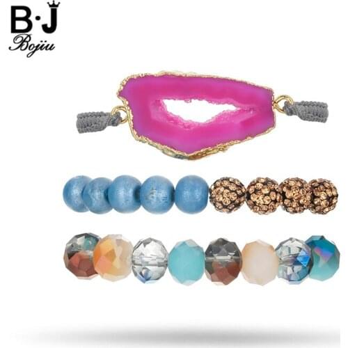 BOJIU 3 Pcs/Set Bohemia Bracelet Sets For Women Hot Wrapped Natural Druzy Bracelet Crystal Wood Beads Bracelet For Women BCSET84
