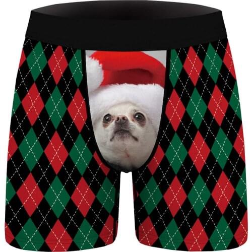 Men Dog/Plaid Printing Boxers Mid Waist Underpants Elastic Waistband Shorts Christmas Funny Underwear Nightwear Sleepwear