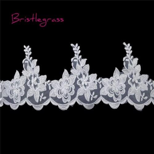 BRISTLEGRASS 1 Yard White Embroidered Flower Vine Tulle Mesh Lace Trim Applique Patch Bridal Wedding Dress Costume Sewing Crafts