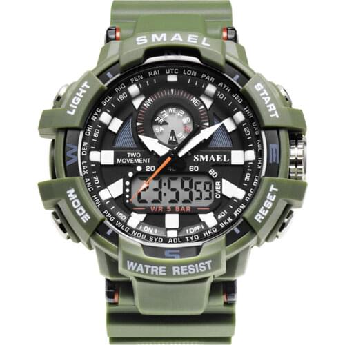 2020 New Men Sports Watches Fashion Cool Watch Top Brand Smael Military Army Green Silicone Dual Display Analog Digital Watches