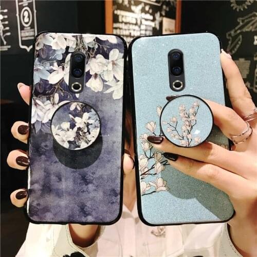 Glitter Flower Phone Case For Meizu m15 pro 7 16s 16x 16th plus v8 note 8 9 x8 Finger Ring Wristband Strap Holder Coque Fundas