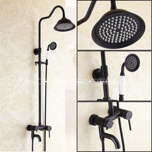Bathroom Black Oil Paint Solid Brass Bathtub Shower Set Wall Mounted 8" Rainfall Shower Mixer Tap Faucet 3-functions Mixer Valve