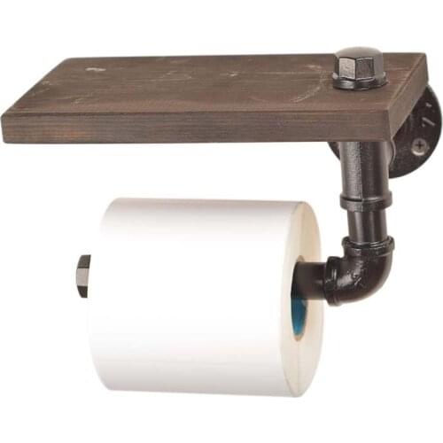 Rustic Bathroom Shelves Industrial Retro Iron Toilet Paper Holder Bathroom Hotel Roll Paper Tissue Hanging Rack Wooden Shelf