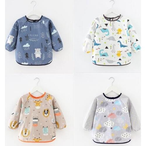 Long Sleeve Kids Apron Cartoon Dinosaur Unicorn Baby Boy Bibs Infant Eating Children Drawing Burp Cloths Accessories